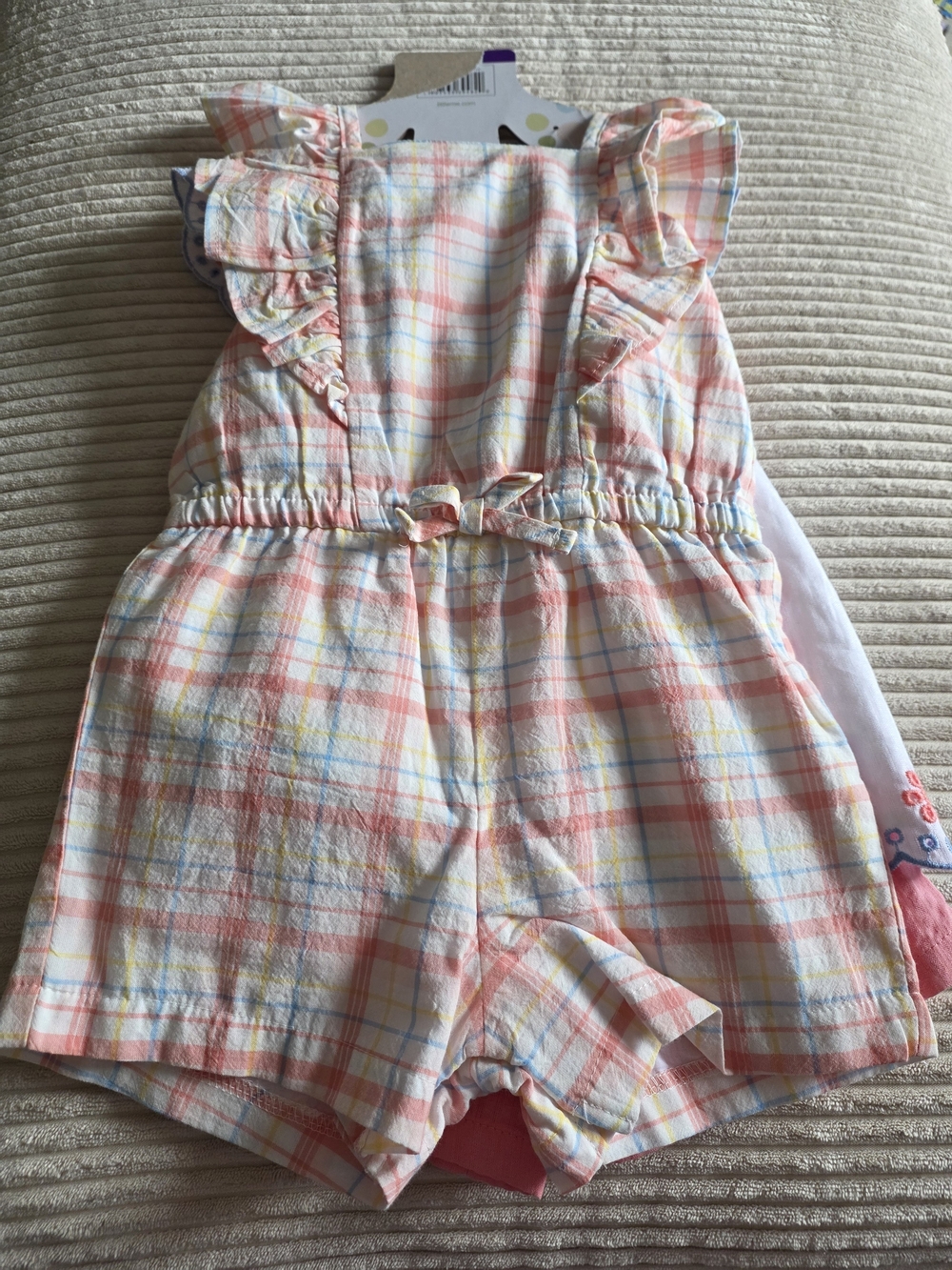 Little Me Three-piece Pastel Plaid Ruffle Romper And Short Set